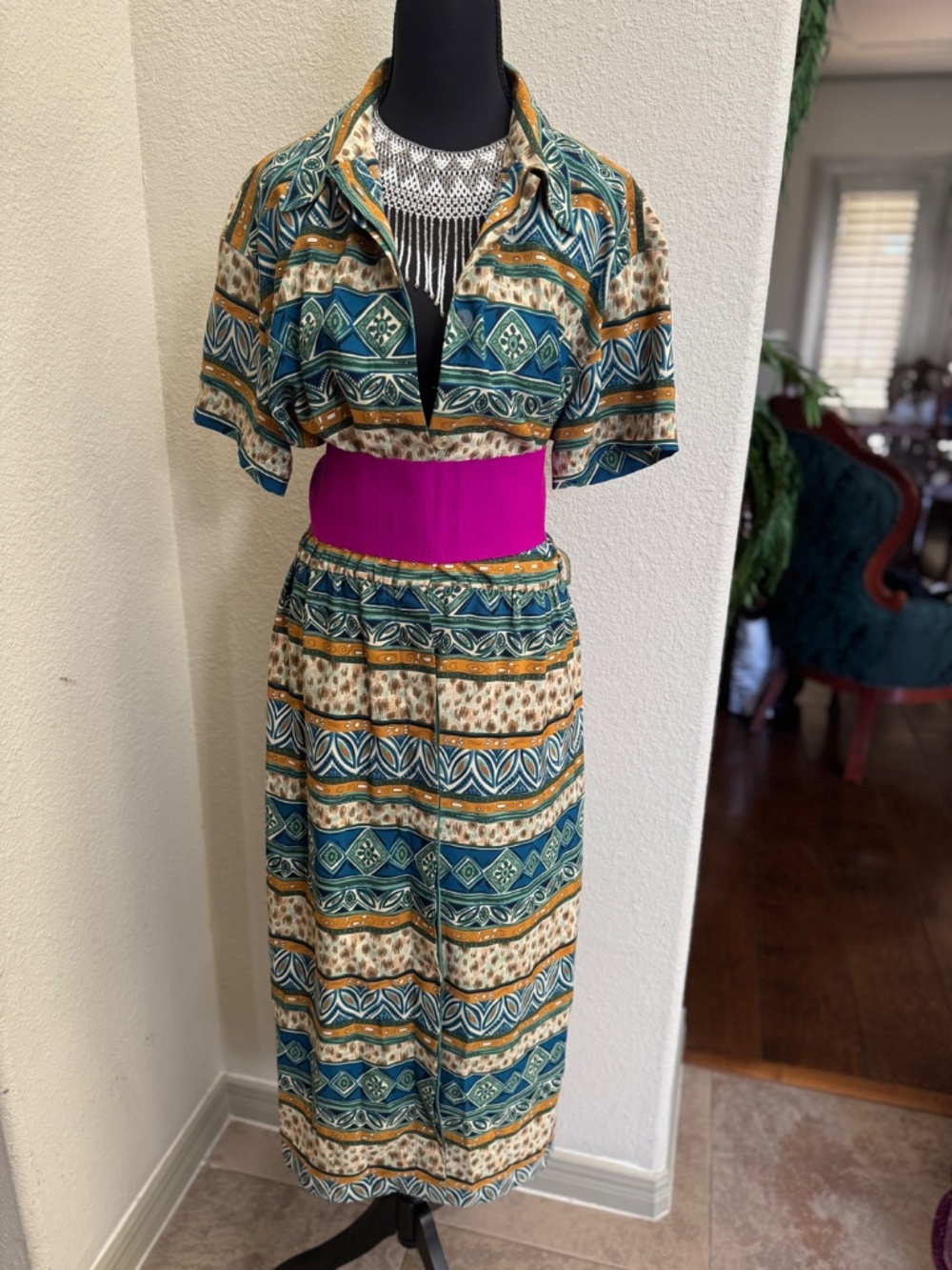 Sag Harbor Teal, Mustard & Cream Printed Dress without belt